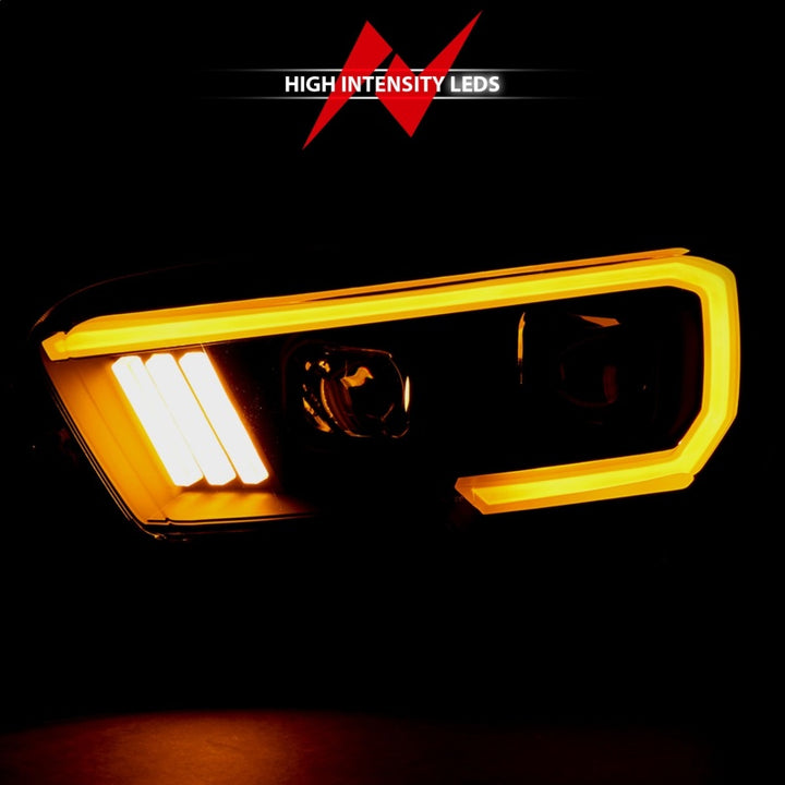 ANZO 2016-2017 Toyota Tacoma Projector Headlights w/ Plank Style Switchback Black w/ Amber w/ DRL - Bull Strap