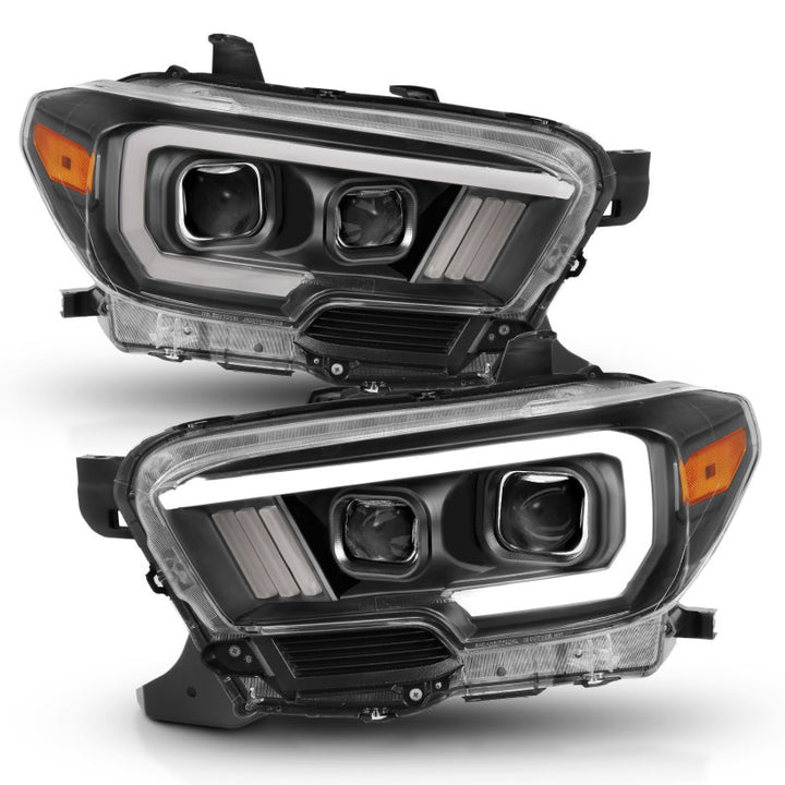 ANZO 2016-2017 Toyota Tacoma Projector Headlights w/ Plank Style Switchback Black w/ Amber w/ DRL - Bull Strap