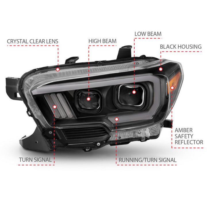 ANZO 2016-2017 Toyota Tacoma Projector Headlights w/ Plank Style Switchback Black w/ Amber w/ DRL - Bull Strap