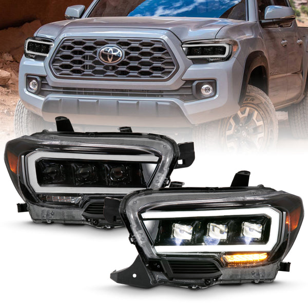 ANZO 2016-2018 Toyota Tacoma LED Projector Headlights Plank Style Black w/ Amber - Bull Strap