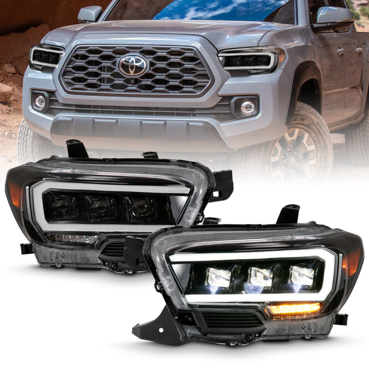ANZO 2016-2018 Toyota Tacoma LED Projector Headlights Plank Style Black w/ Amber - Bull Strap