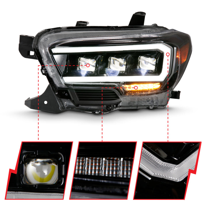 ANZO 2016-2018 Toyota Tacoma LED Projector Headlights Plank Style Black w/ Amber - Bull Strap