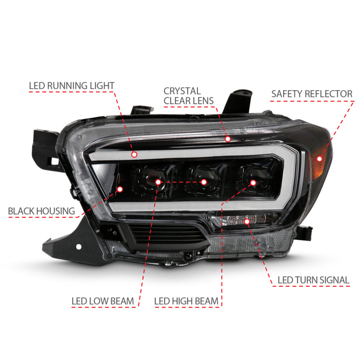 ANZO 2016-2018 Toyota Tacoma LED Projector Headlights Plank Style Black w/ Amber - Bull Strap