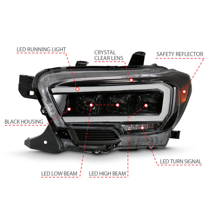 ANZO 2016-2018 Toyota Tacoma LED Projector Headlights Plank Style Black w/ Amber - Bull Strap