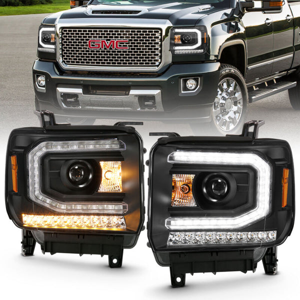ANZO 2016-2019 GMC Sierra 1500 Projector Headlight Plank Style Black w/ Sequential Amber Signal - Bull Strap
