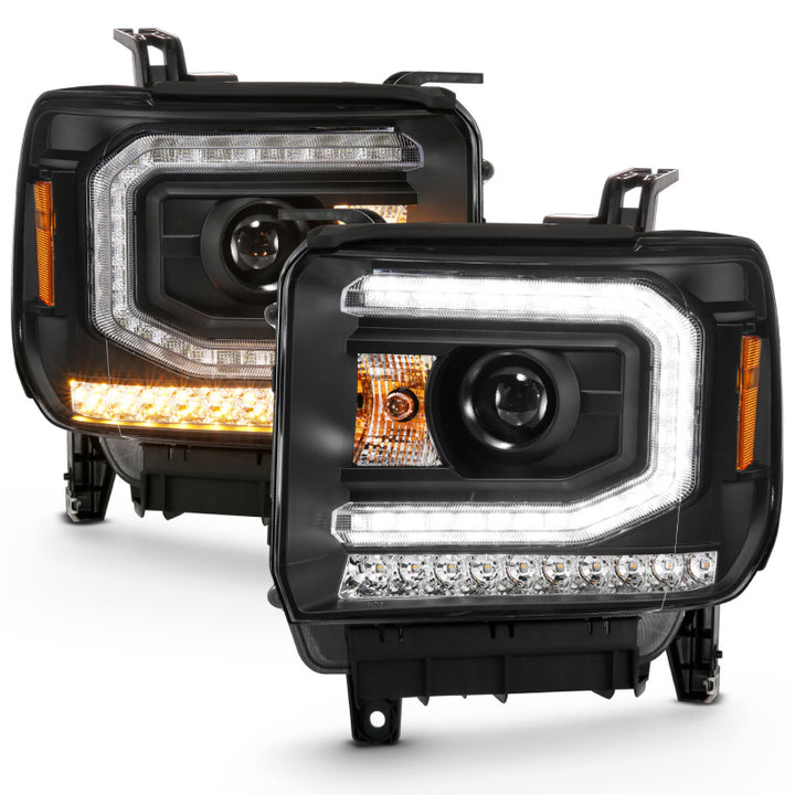 ANZO 2016-2019 GMC Sierra 1500 Projector Headlight Plank Style Black w/ Sequential Amber Signal - Bull Strap