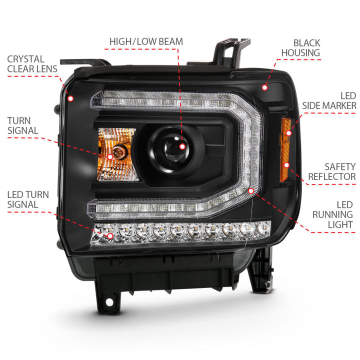 ANZO 2016-2019 GMC Sierra 1500 Projector Headlight Plank Style Black w/ Sequential Amber Signal - Bull Strap