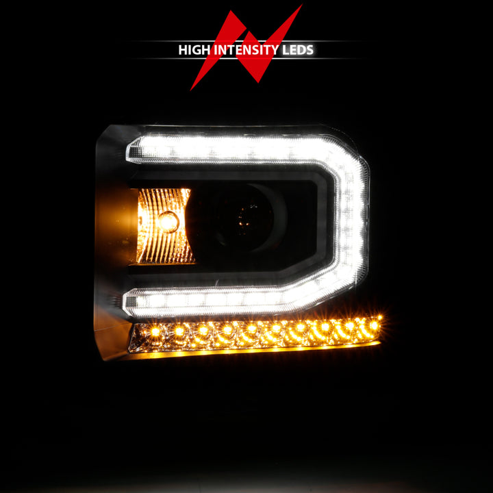 ANZO 2016-2019 GMC Sierra 1500 Projector Headlight Plank Style Black w/ Sequential Amber Signal - Bull Strap