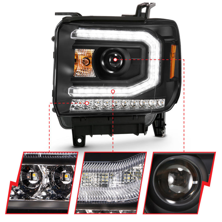 ANZO 2016-2019 GMC Sierra 1500 Projector Headlight Plank Style Black w/ Sequential Amber Signal - Bull Strap