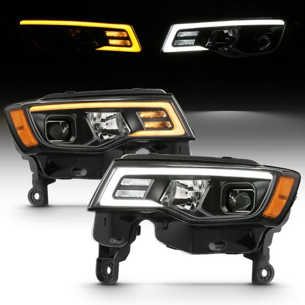 ANZO 2017-2018 Jeep Grand Cherokee Projector Headlights w/ Plank Style Switchback - Black w/ Amber - Bull Strap