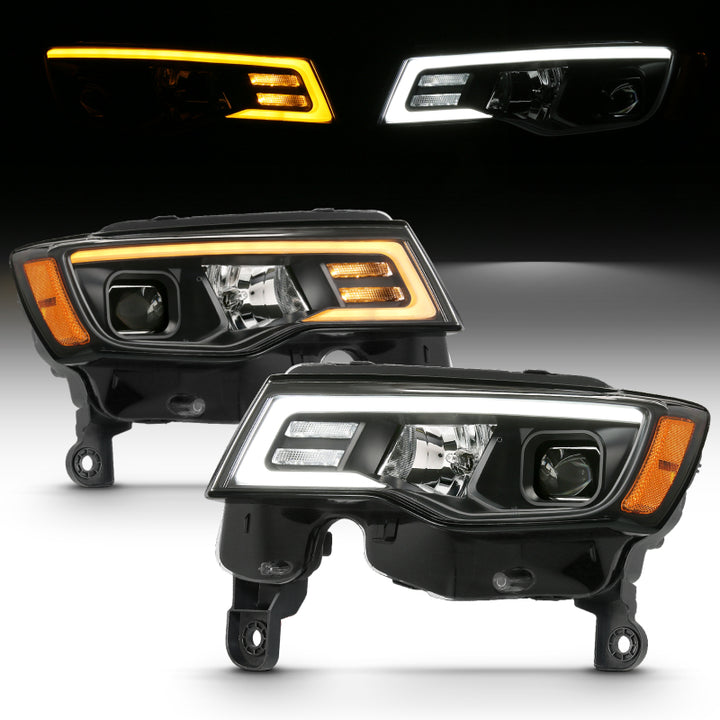 ANZO 2017-2018 Jeep Grand Cherokee Projector Headlights w/ Plank Style Switchback - Black w/ Amber - Bull Strap