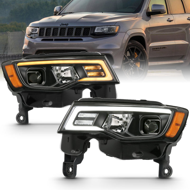 ANZO 2017-2018 Jeep Grand Cherokee Projector Headlights w/ Plank Style Switchback - Black w/ Amber - Bull Strap