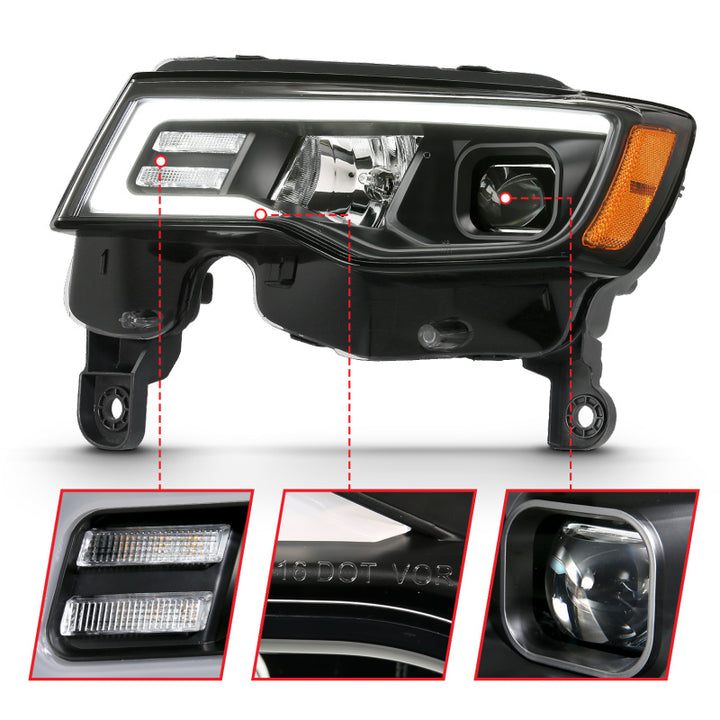 ANZO 2017-2018 Jeep Grand Cherokee Projector Headlights w/ Plank Style Switchback - Black w/ Amber - Bull Strap