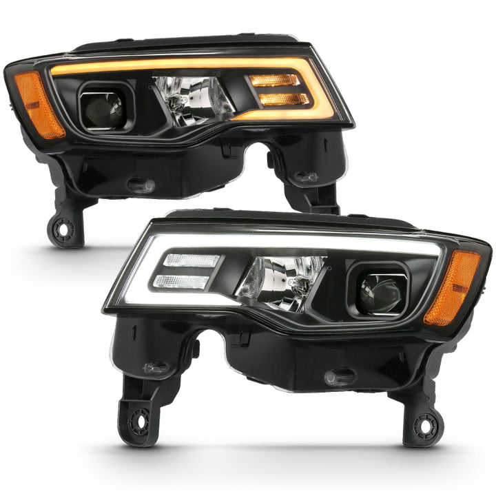 ANZO 2017-2018 Jeep Grand Cherokee Projector Headlights w/ Plank Style Switchback - Black w/ Amber - Bull Strap