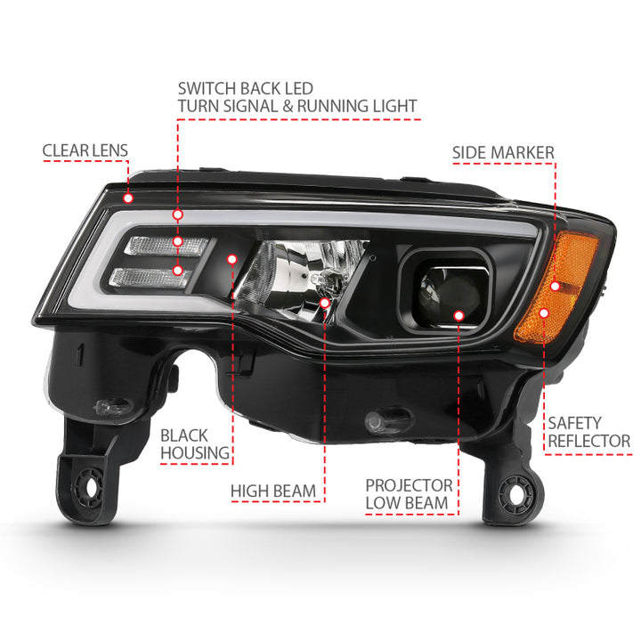 ANZO 2017-2018 Jeep Grand Cherokee Projector Headlights w/ Plank Style Switchback - Black w/ Amber - Bull Strap