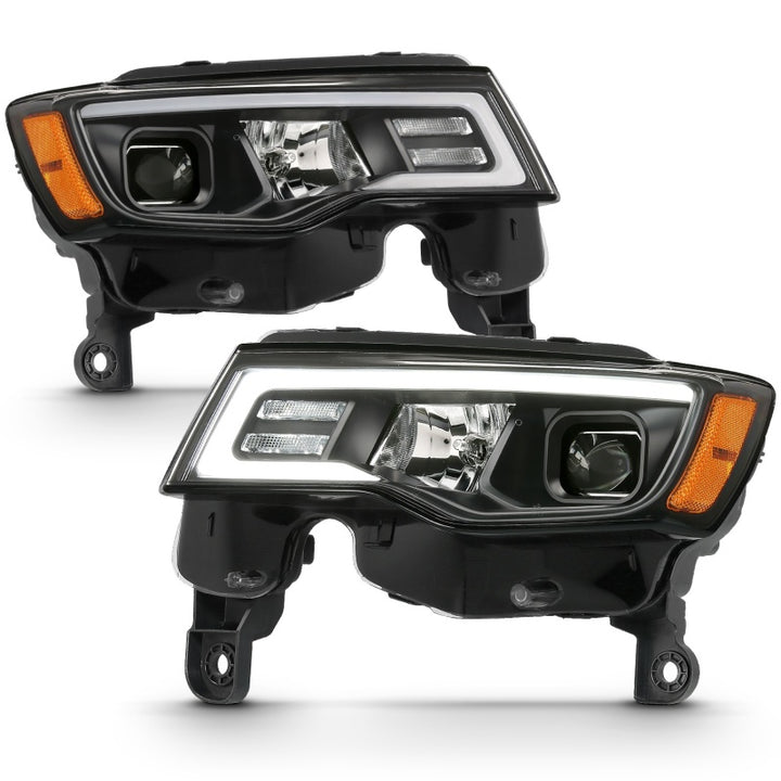 ANZO 2017-2018 Jeep Grand Cherokee Projector Headlights w/ Plank Style Switchback - Black w/ Amber - Bull Strap