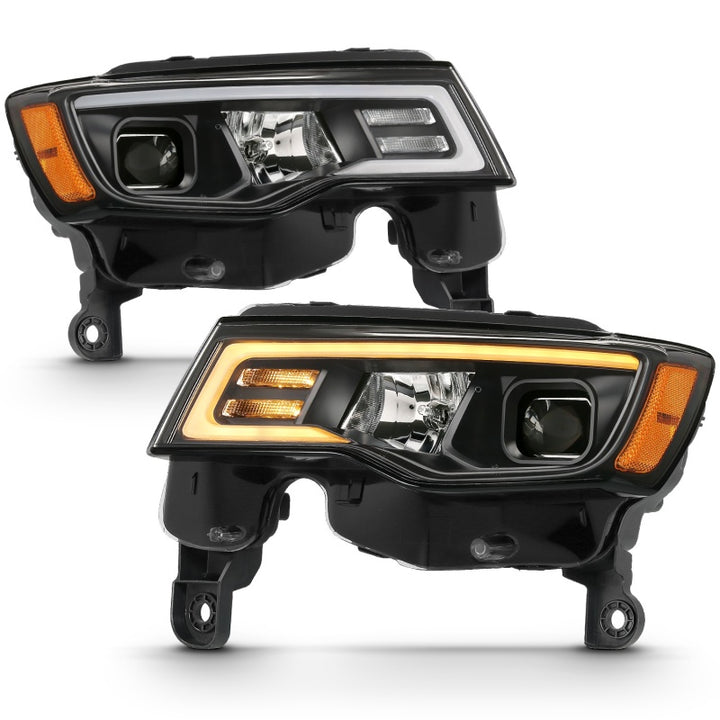 ANZO 2017-2018 Jeep Grand Cherokee Projector Headlights w/ Plank Style Switchback - Black w/ Amber - Bull Strap
