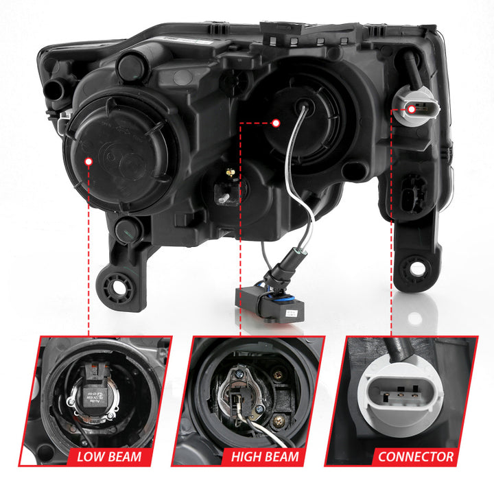 ANZO 2017-2018 Jeep Grand Cherokee Projector Headlights w/ Plank Style Switchback - Black w/ Amber - Bull Strap