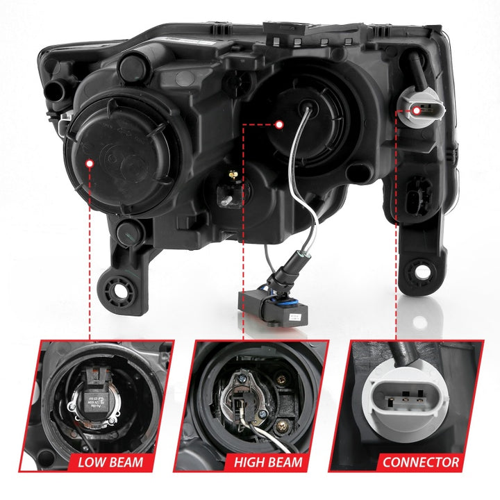 ANZO 2017-2018 Jeep Grand Cherokee Projector Headlights w/ Plank Style Switchback - Black w/ Amber - Bull Strap