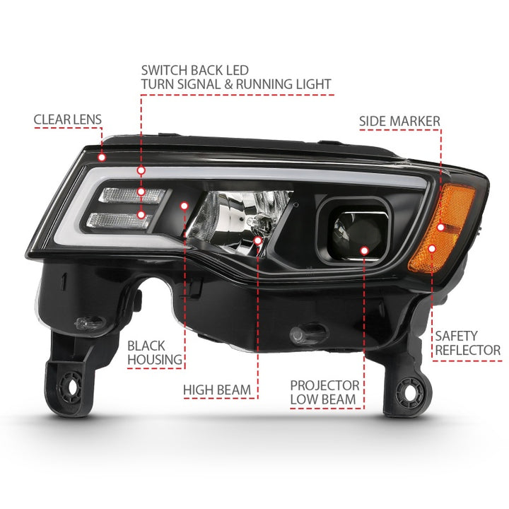 ANZO 2017-2018 Jeep Grand Cherokee Projector Headlights w/ Plank Style Switchback - Black w/ Amber - Bull Strap