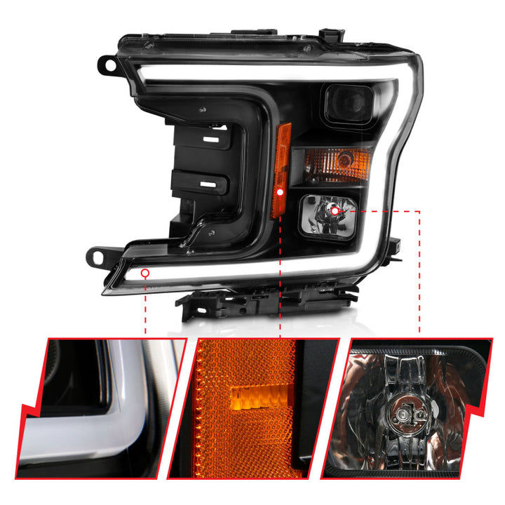 ANZO 2018-2019 Ford F-150 Projector Plank Style H.L. Black Amber (Without Switchback) - Bull Strap