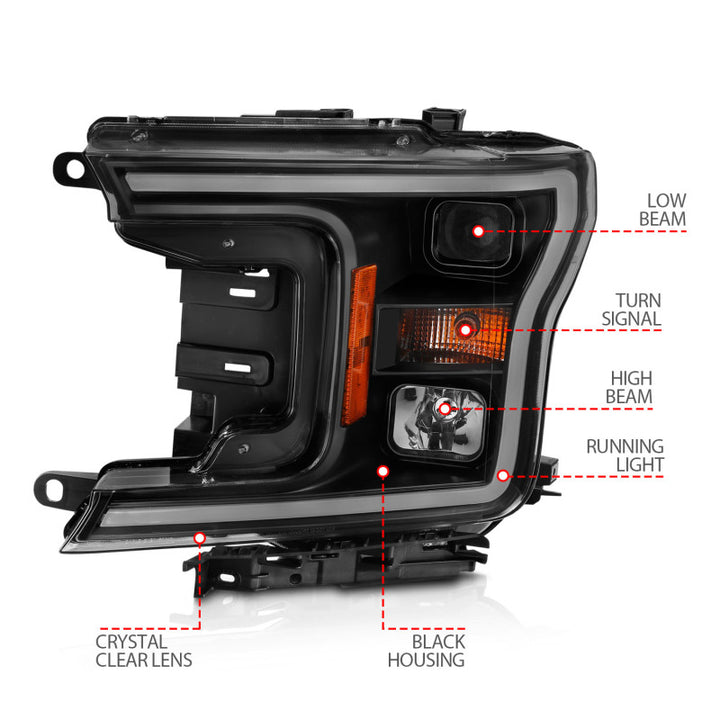 ANZO 2018-2019 Ford F-150 Projector Plank Style H.L. Black Amber (Without Switchback) - Bull Strap