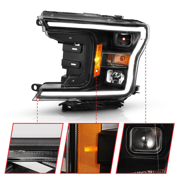 ANZO 2018-2019 Ford F-150 Projector Plank Style H.L. Black Amber (Without Switchback) - Bull Strap