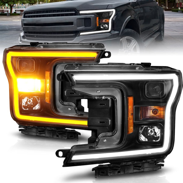 ANZO 2018-2020 Ford F-150 Projector Headlight w/ Plank Style Switchback Black Housing - Bull Strap