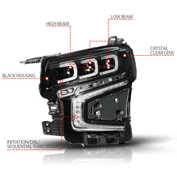 ANZO 21-23 Chevy Tahoe/Suburban LED Light Bar Style Headlights Black w/ Sequential DRL (Left Side) - Bull Strap