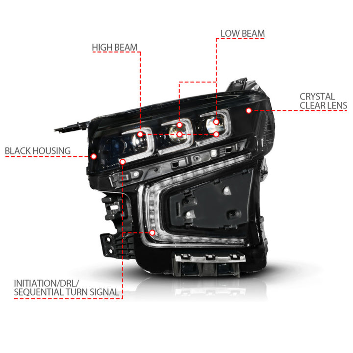 ANZO 21-23 Chevy Tahoe/Suburban LED Light Bar Style Headlights Black w/ Sequential DRL (Left Side) - Bull Strap