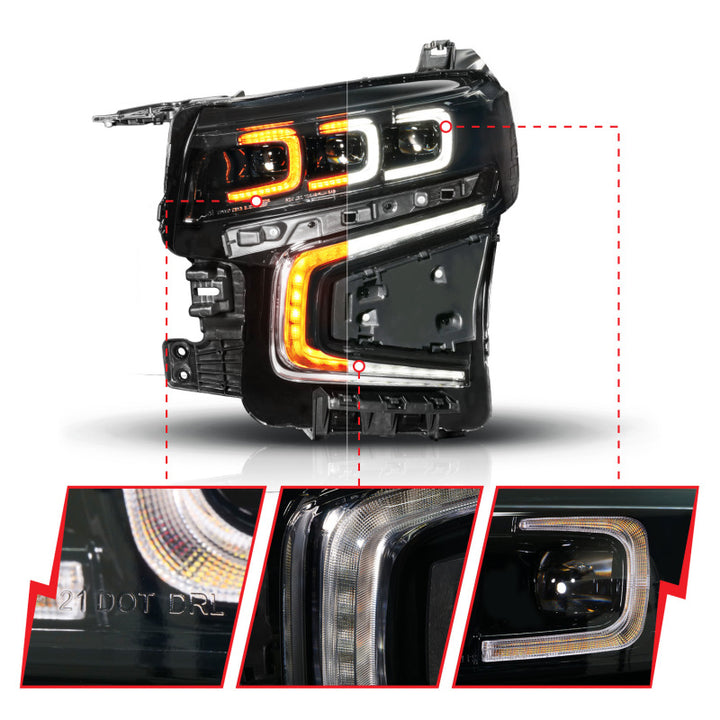 ANZO 21-23 Chevy Tahoe/Suburban LED Light Bar Style Headlights Black w/ Sequential DRL (Left Side) - Bull Strap