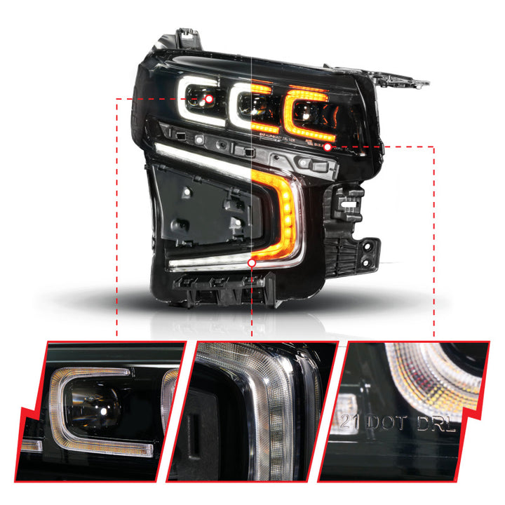 ANZO 21-23 Chevy Tahoe/Suburban LED Light Bar Style Headlights Black w/ Sequential DRL (Right Side) - Bull Strap
