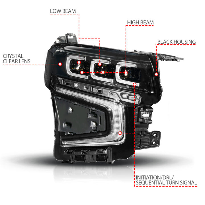 ANZO 21-23 Chevy Tahoe/Suburban LED Light Bar Style Headlights Black w/ Sequential DRL (Right Side) - Bull Strap