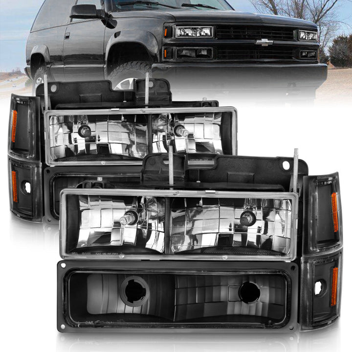 ANZO 88-98 Chevrolet C1500 Crystal Headlights Black - Bull Strap
