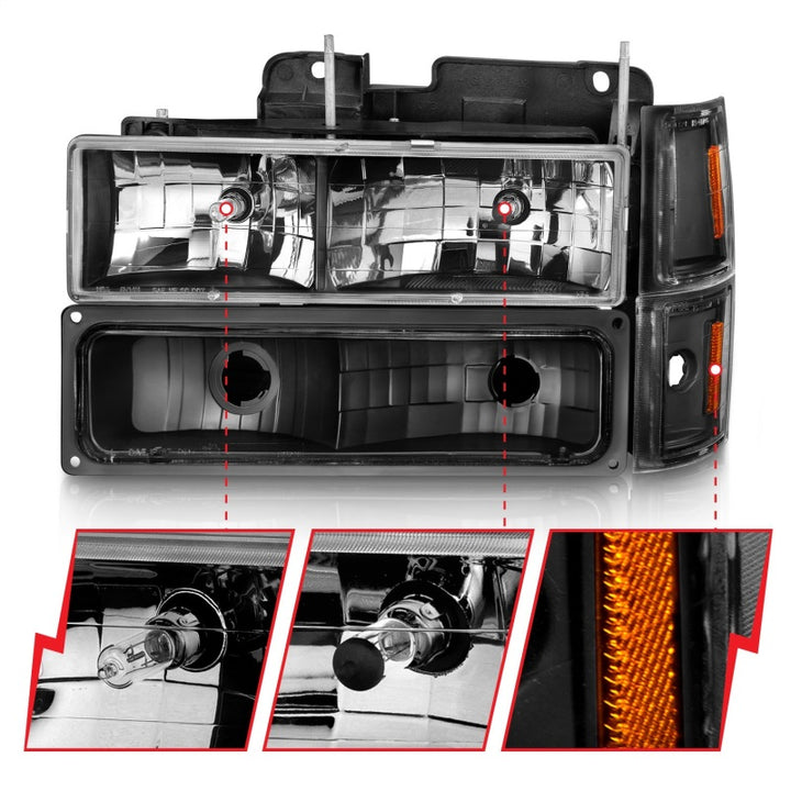 ANZO 88-98 Chevrolet C1500 Crystal Headlights Black - Bull Strap