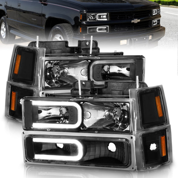 ANZO 88-98 Chevrolet C1500 Crystal Headlights w/ Light Bar Black Housing w/ Signal Side Markers 8Pcs - Bull Strap