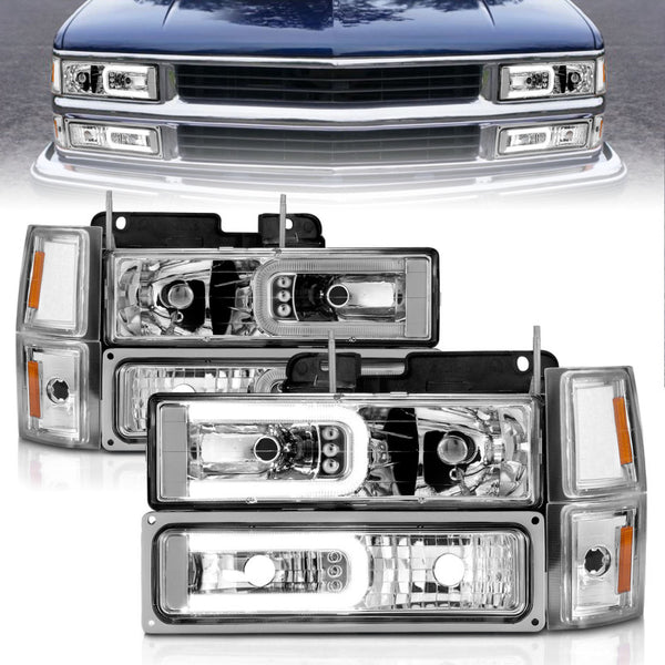 ANZO 88-98 Chevrolet C1500 Crystal Headlights w/Light Bar Chrome Housing w/ Signal Side Markers 8Pcs - Bull Strap
