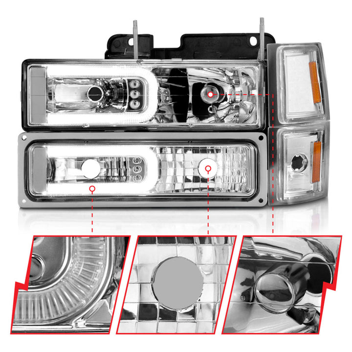 ANZO 88-98 Chevrolet C1500 Crystal Headlights w/Light Bar Chrome Housing w/ Signal Side Markers 8Pcs - Bull Strap