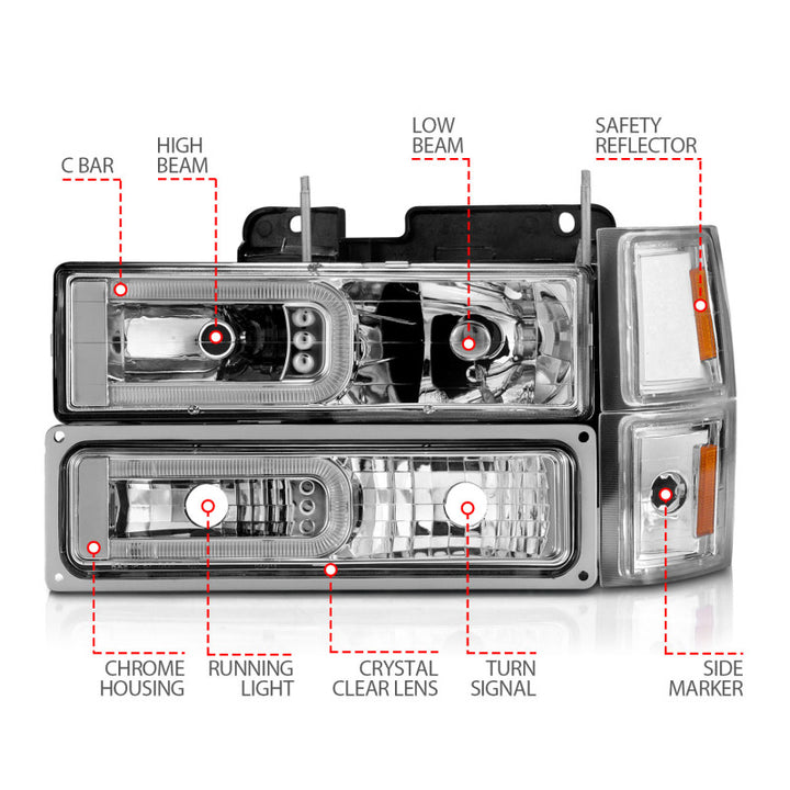 ANZO 88-98 Chevrolet C1500 Crystal Headlights w/Light Bar Chrome Housing w/ Signal Side Markers 8Pcs - Bull Strap