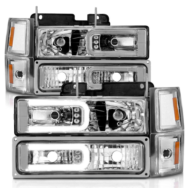 ANZO 88-98 Chevrolet C1500 Crystal Headlights w/Light Bar Chrome Housing w/ Signal Side Markers 8Pcs - Bull Strap