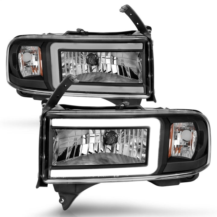 ANZO 94-02 Dodge RAM Crystal Headlight - w/ Light Bar Black Housing - Bull Strap