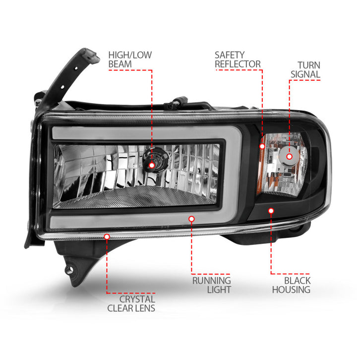 ANZO 94-02 Dodge RAM Crystal Headlight - w/ Light Bar Black Housing - Bull Strap