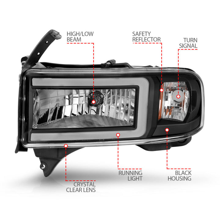 ANZO 94-02 Dodge RAM Crystal Headlight - w/ Light Bar Black Housing - Bull Strap