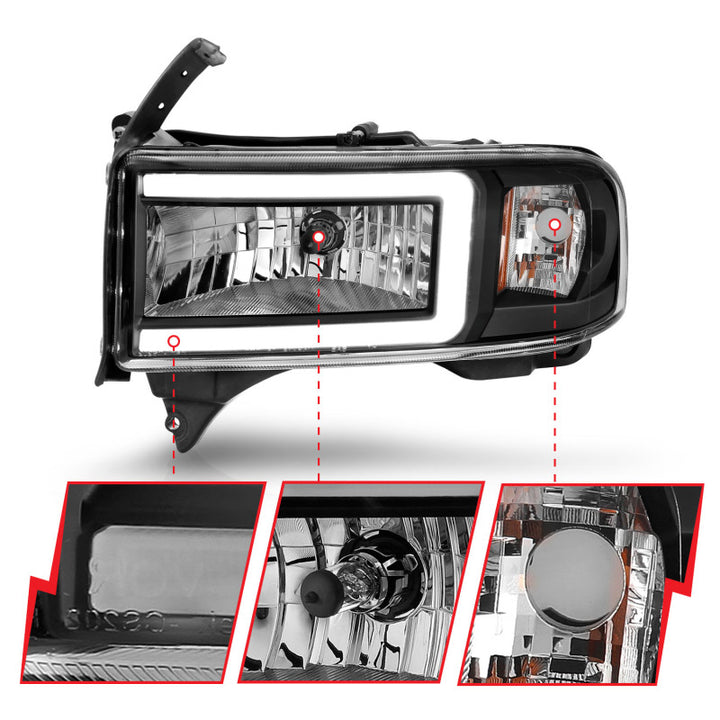 ANZO 94-02 Dodge RAM Crystal Headlight - w/ Light Bar Black Housing - Bull Strap