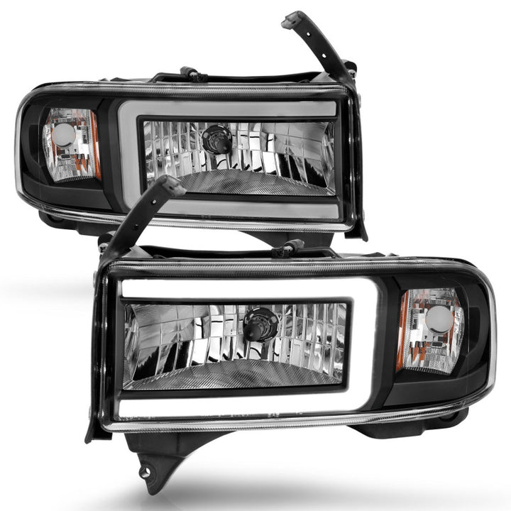 ANZO 94-02 Dodge RAM Crystal Headlight - w/ Light Bar Black Housing - Bull Strap