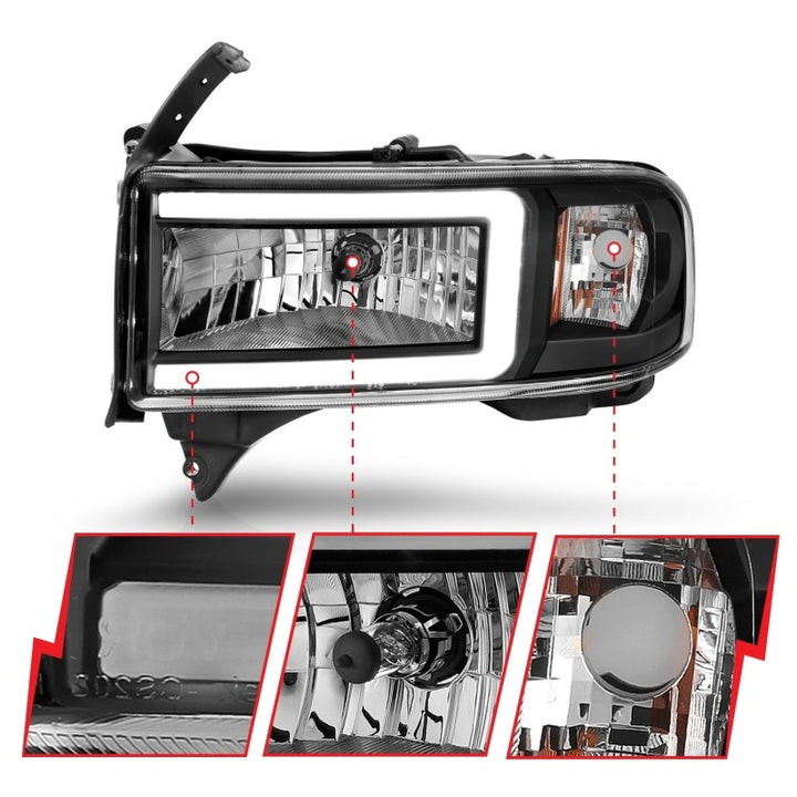 ANZO 94-02 Dodge RAM Crystal Headlight - w/ Light Bar Black Housing - Bull Strap