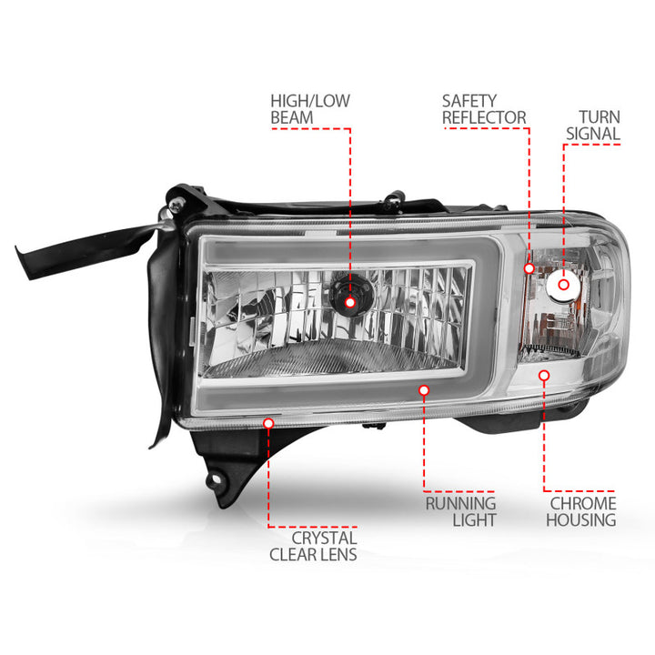 ANZO 94-02 Dodge RAM Crystal Headlight - w/ Light Bar Chrome Housing - Bull Strap