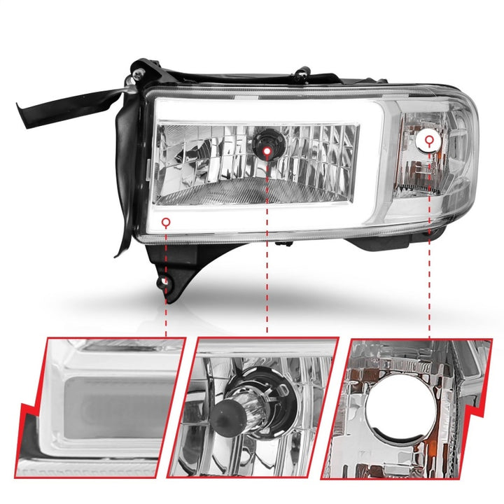 ANZO 94-02 Dodge RAM Crystal Headlight - w/ Light Bar Chrome Housing - Bull Strap