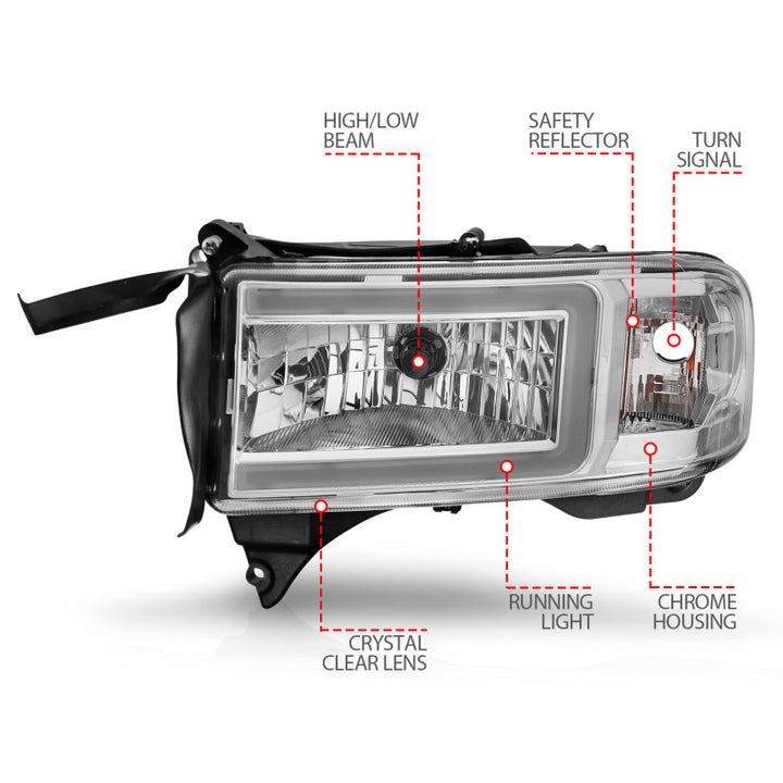 ANZO 94-02 Dodge RAM Crystal Headlight - w/ Light Bar Chrome Housing - Bull Strap