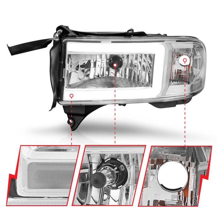 ANZO 94-02 Dodge RAM Crystal Headlight - w/ Light Bar Chrome Housing - Bull Strap